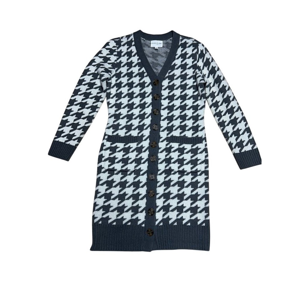 Olive & Oak Grey Houndstooth Longline Cardigan Sweater Dress Petite Large PL